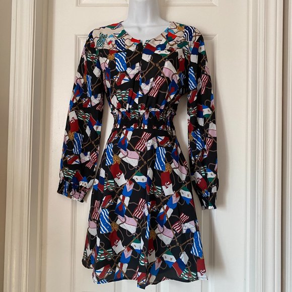 New printed V-neck long sleeve elastic waistband slimming A- line  dress - Picture 2 of 6